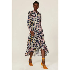 BUSAYO Collective Midi Shirtdress Front Button Closure Hi-Lo Hem Blue Size Small